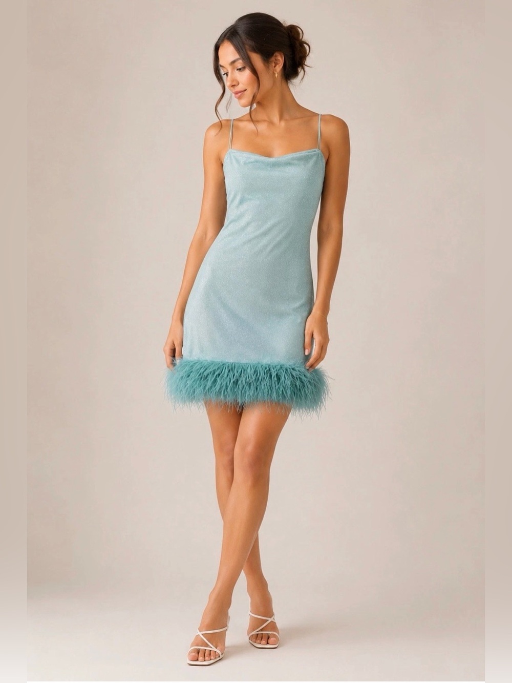 Women’s Aqua Glitter Feather Trim Mini Slip Dress XS Party Cocktail Club